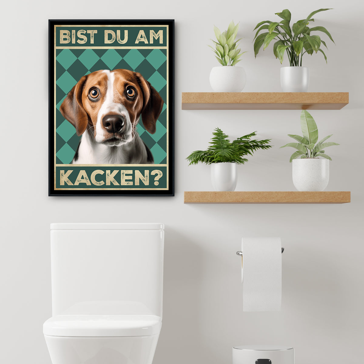 Beagle - Bist du am Kacken? Hunde Poster Badezimmer Gästebad Wandbild Klo Toilette Dekoration Lustiges Gäste-WC Bild DIN A4
