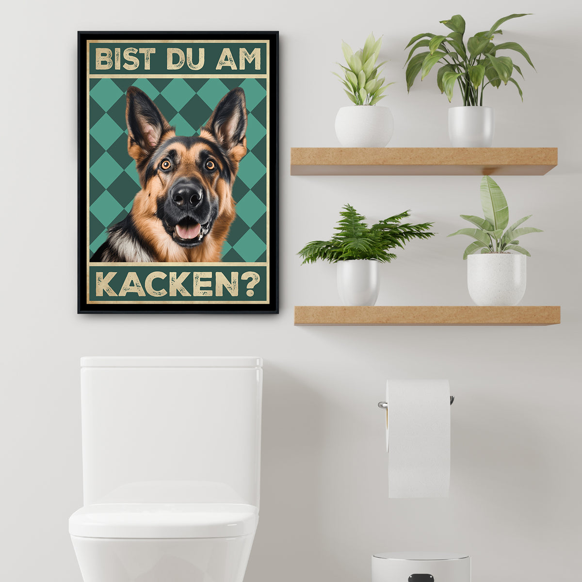 Deutscher Schäferhund - Bist du am Kacken? Hunde Poster Badezimmer Gästebad Wandbild Klo Toilette Dekoration Lustiges Gäste-WC Bild DIN A4