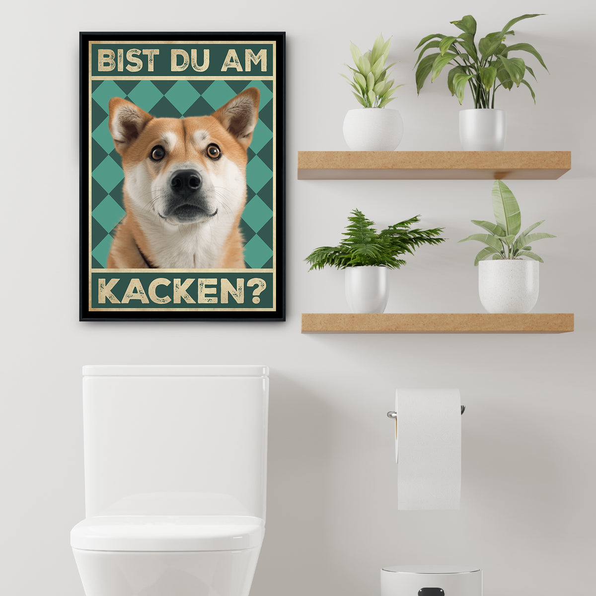 Akita Inu - Bist du am Kacken? Hunde Poster Badezimmer Gästebad Wandbild Klo Toilette Dekoration Lustiges Gäste-WC Bild DIN A4