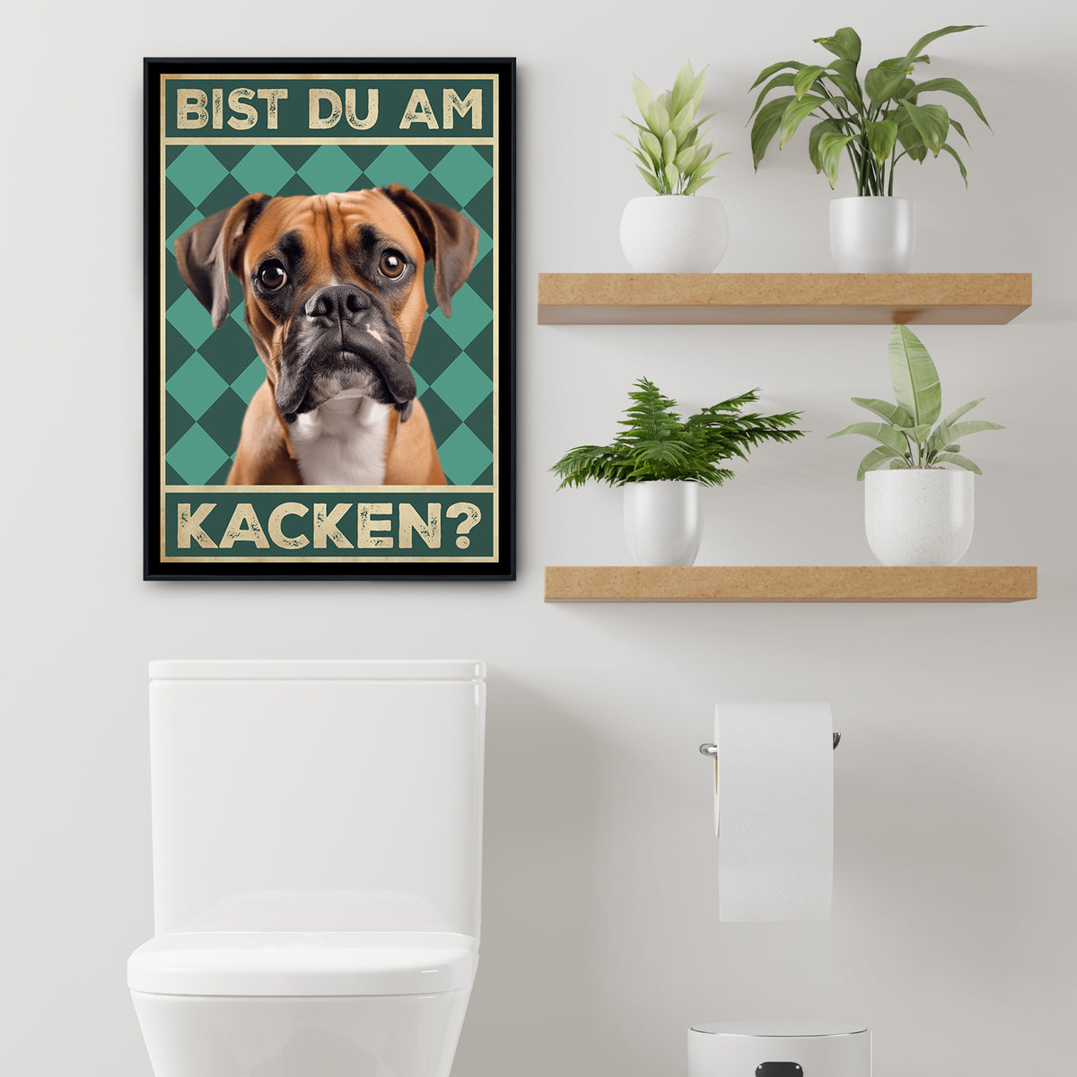 Boxer - Bist du am Kacken? Hunde Poster Badezimmer Gästebad Wandbild Klo Toilette Dekoration Lustiges Gäste-WC Bild DIN A4