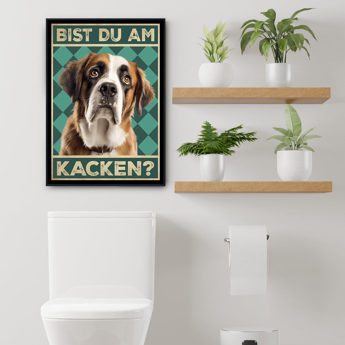 Bernhardiner - Bist du am Kacken? Hunde Poster Badezimmer Gästebad Wandbild Klo Toilette Dekoration Lustiges Gäste-WC Bild DIN A4