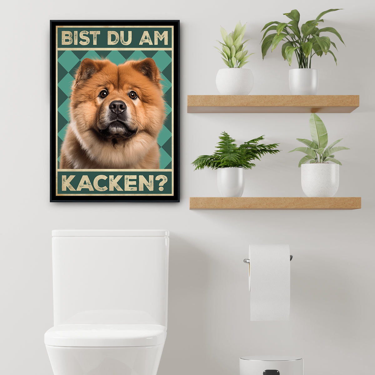 Chow Chow - Bist du am Kacken? Hunde Poster Badezimmer Gästebad Wandbild Klo Toilette Dekoration Lustiges Gäste-WC Bild DIN A4