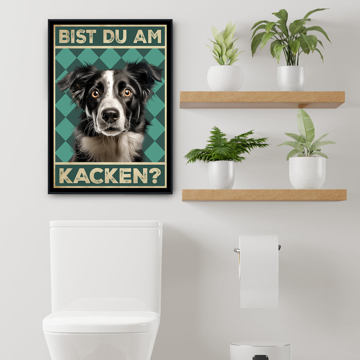 Border Collie - Bist du am Kacken? Hunde Poster Badezimmer Gästebad Wandbild Klo Toilette Dekoration Lustiges Gäste-WC Bild DIN A4