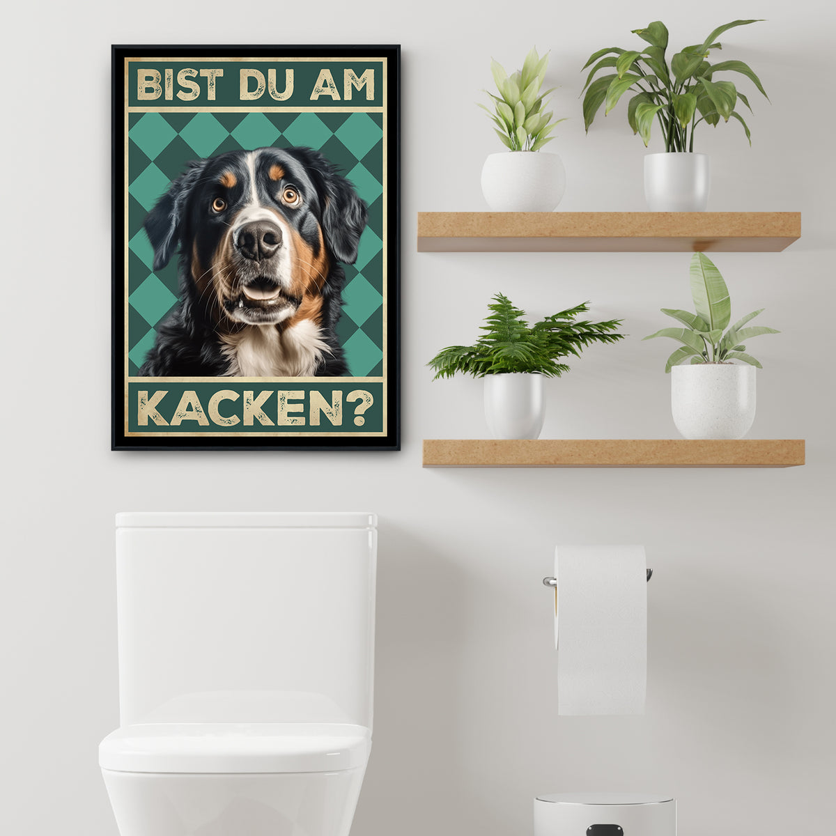 Berner Sennenhund - Bist du am Kacken? Hunde Poster Badezimmer Gästebad Wandbild Klo Toilette Dekoration Lustiges Gäste-WC Bild DIN A4