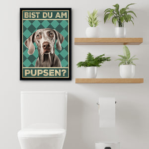 Weimaraner - Bist du am Pupsen? Hunde Poster Badezimmer Gästebad Wandbild Klo Toilette Dekoration Lustiges Gäste-WC Bild DIN A4