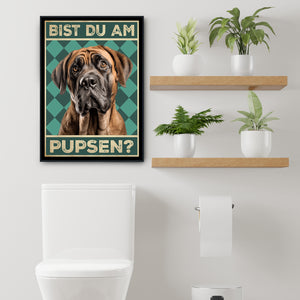 Mastiff - Bist du am Pupsen? Hunde Poster Badezimmer Gästebad Wandbild Klo Toilette Dekoration Lustiges Gäste-WC Bild DIN A4