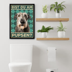 Irischer Wolfshund - Bist du am Pupsen? Hunde Poster Badezimmer Gästebad Wandbild Klo Toilette Dekoration Lustiges Gäste-WC Bild DIN A4