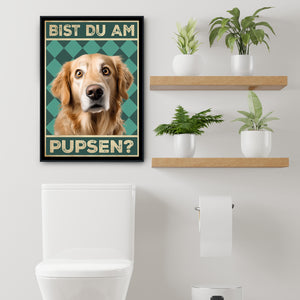 Golden Retriever - Bist du am Pupsen? Hunde Poster Badezimmer Gästebad Wandbild Klo Toilette Dekoration Lustiges Gäste-WC Bild DIN A4