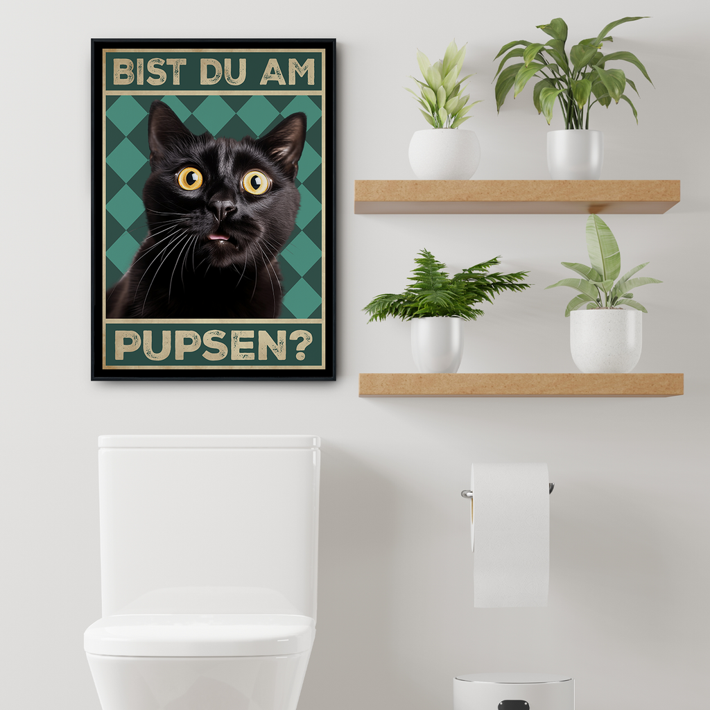 Bist du am Pupsen? Katzen Poster Badezimmer Gästebad Wandbild Klo Toilette Dekoration Lustiges Gäste-WC Bild DIN A4 - Katze 02