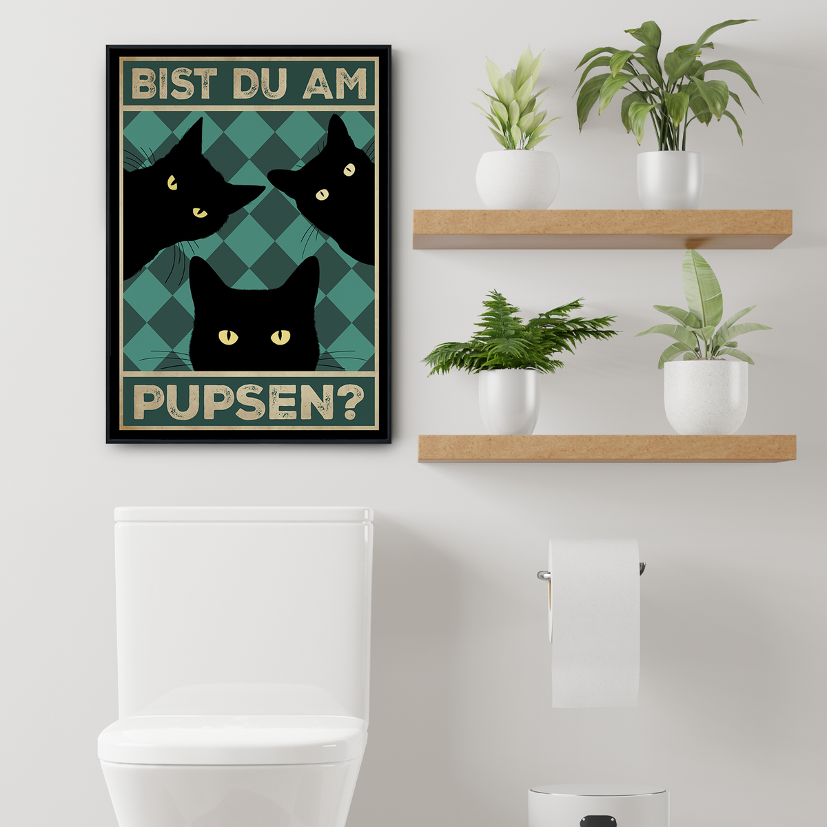 Bist du am Pupsen? Katzen Poster Badezimmer Gästebad Wandbild Klo Toilette Dekoration Lustiges Gäste-WC Bild DIN A4 - Katzen 01