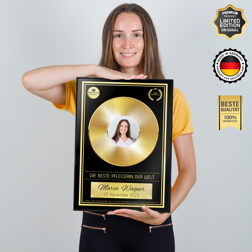 Goldene Schallplatte personalisiert inkl. Bilderrahmen Poster Druck | Geburtstag Geschenkidee zur Goldenen Hochzeit Musiker Anerkennung Wertschätzung Frauen Männer personalisiertes Geschenk