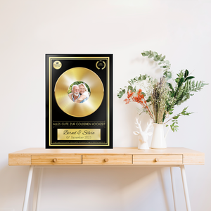 Goldene Schallplatte personalisiert inkl. Bilderrahmen Poster Druck | Geburtstag Geschenkidee zur Goldenen Hochzeit Musiker Anerkennung Wertschätzung Frauen Männer personalisiertes Geschenk