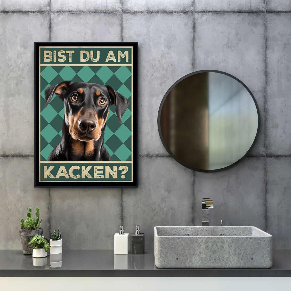 Dobermann - Bist du am Kacken? Hunde Poster Badezimmer Gästebad Wandbild Klo Toilette Dekoration Lustiges Gäste-WC Bild DIN A4