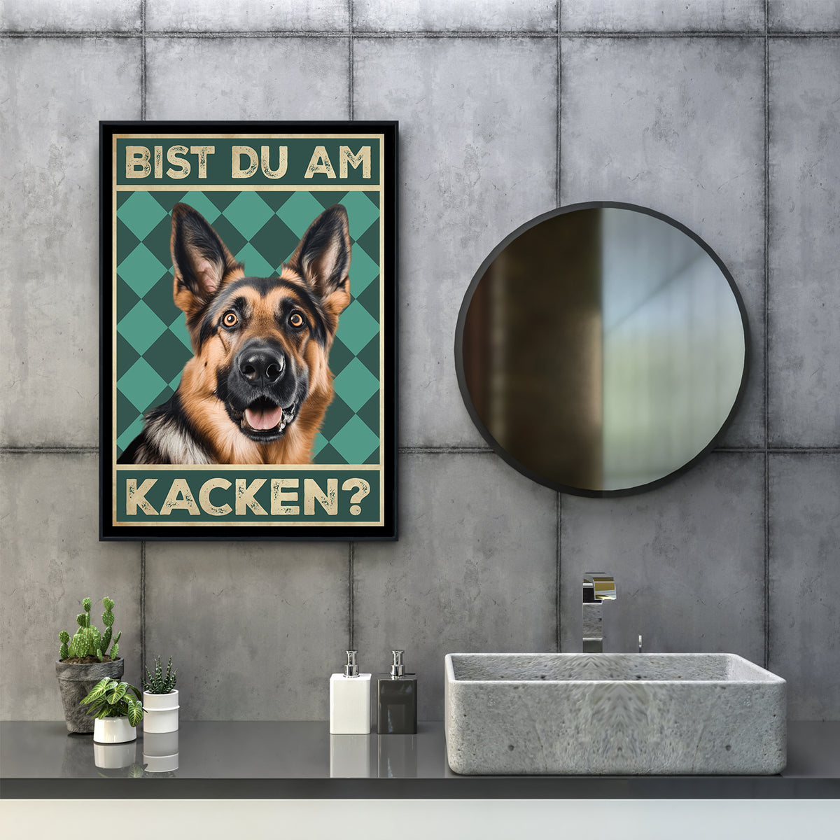Deutscher Schäferhund - Bist du am Kacken? Hunde Poster Badezimmer Gästebad Wandbild Klo Toilette Dekoration Lustiges Gäste-WC Bild DIN A4