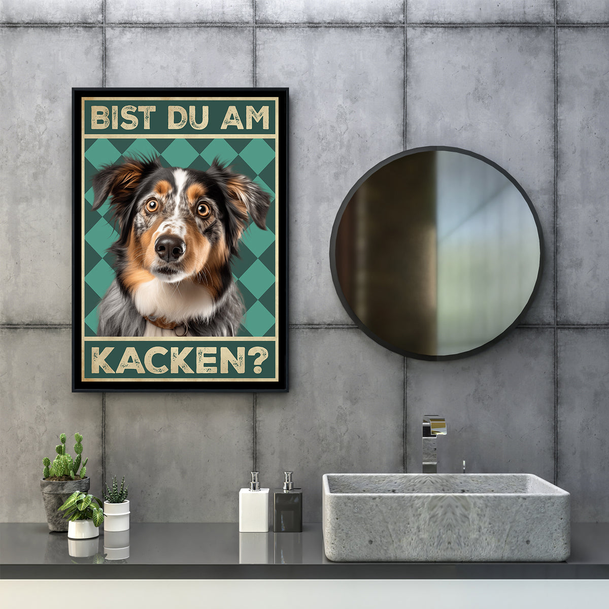 Australian Shepherd - Bist du am Kacken? Hunde Poster Badezimmer Gästebad Wandbild Klo Toilette Dekoration Lustiges Gäste-WC Bild DIN A4