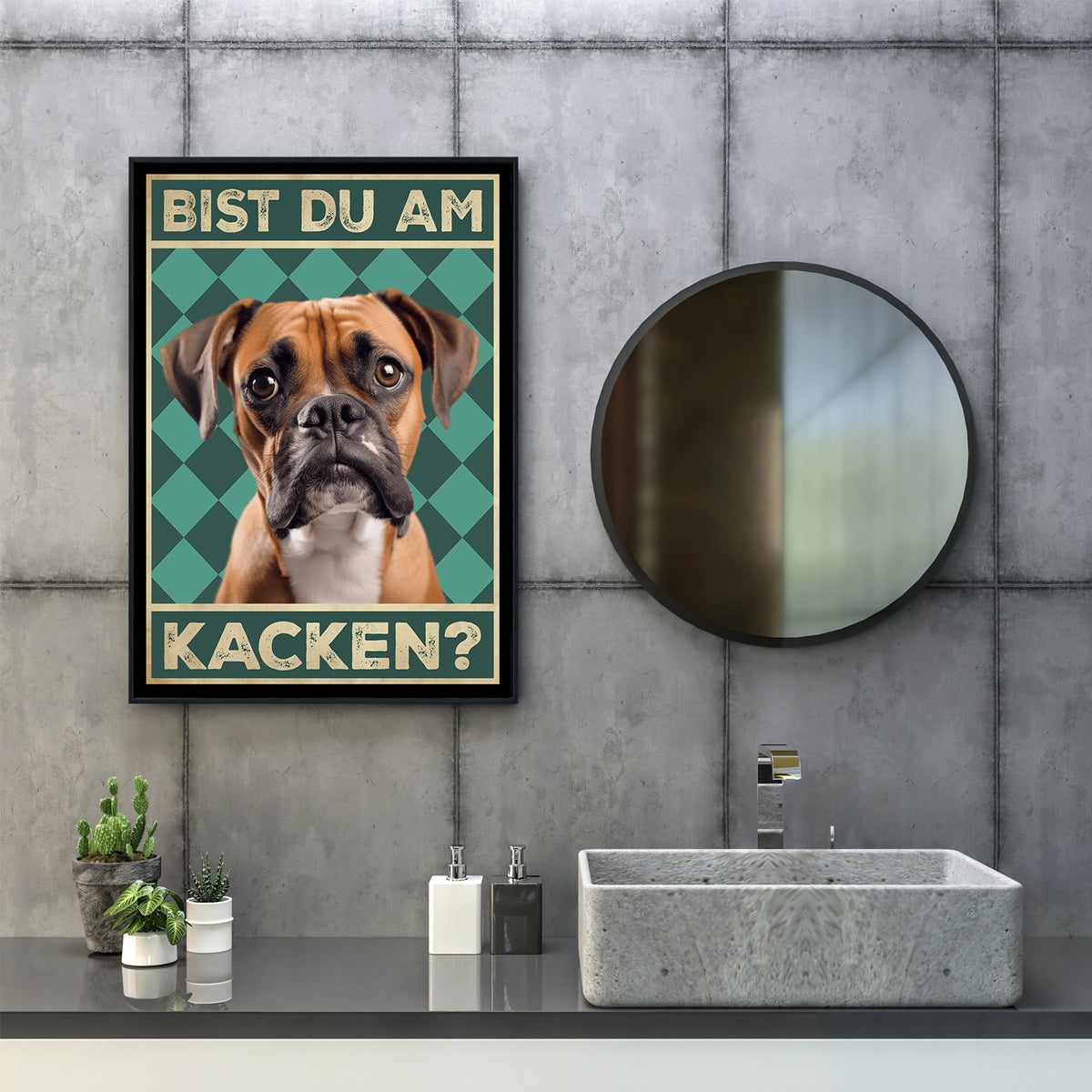 Boxer - Bist du am Kacken? Hunde Poster Badezimmer Gästebad Wandbild Klo Toilette Dekoration Lustiges Gäste-WC Bild DIN A4