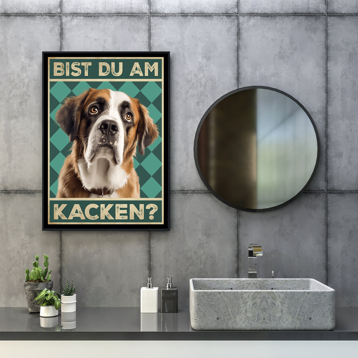 Bernhardiner - Bist du am Kacken? Hunde Poster Badezimmer Gästebad Wandbild Klo Toilette Dekoration Lustiges Gäste-WC Bild DIN A4