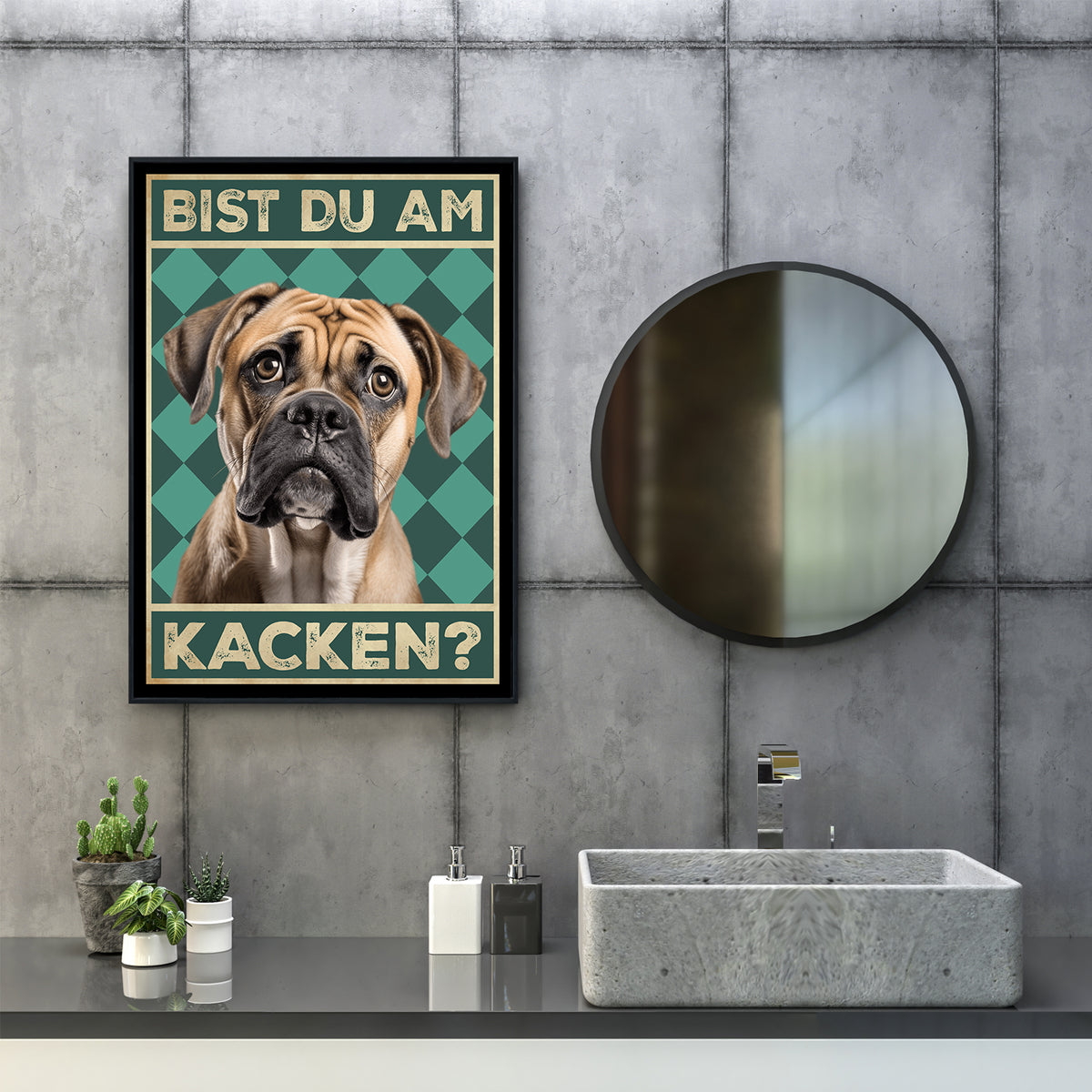 Bullmastiff - Bist du am Kacken? Hunde Poster Badezimmer Gästebad Wandbild Klo Toilette Dekoration Lustiges Gäste-WC Bild DIN A4