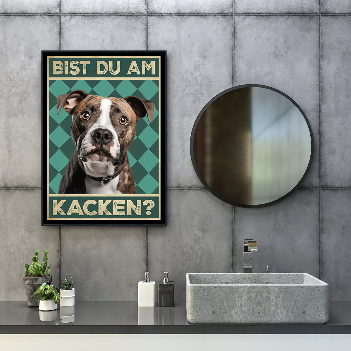 American Staffordshire Terrier - Bist du am Kacken? Hunde Poster Badezimmer Gästebad Wandbild Klo Toilette Dekoration Lustiges Gäste-WC Bild DIN A4
