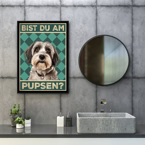 Tibet Terrier - Bist du am Pupsen? Hunde Poster Badezimmer Gästebad Wandbild Klo Toilette Dekoration Lustiges Gäste-WC Bild DIN A4