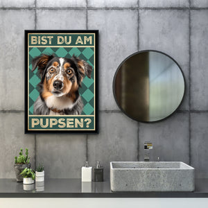 Australian Shepherd - Bist du am Pupsen? Hunde Poster Badezimmer Gästebad Wandbild Klo Toilette Dekoration Lustiges Gäste-WC Bild DIN A4