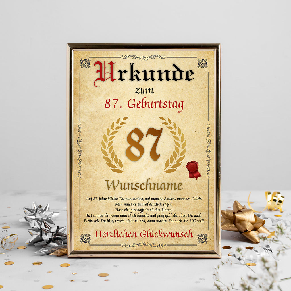 Urkunde zum 87. Geburtstag mit Name – personalisierte Geburtstagsurkunde, Jahrgang 1939