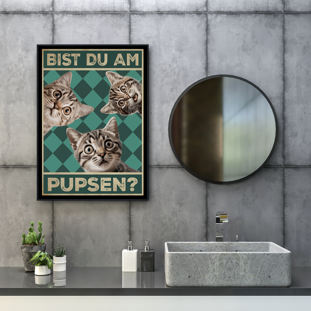 Bist du am Pupsen? Katzen Poster Badezimmer Gästebad Wandbild Klo Toilette Dekoration Lustiges Gäste-WC Bild DIN A4 - Katzen 02