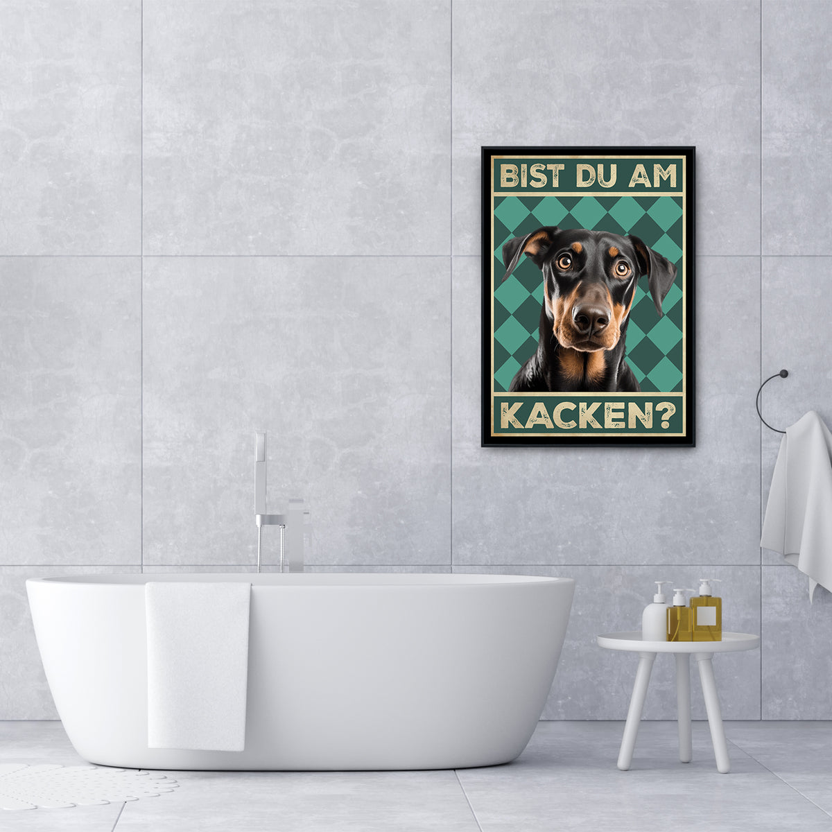 Dobermann - Bist du am Kacken? Hunde Poster Badezimmer Gästebad Wandbild Klo Toilette Dekoration Lustiges Gäste-WC Bild DIN A4