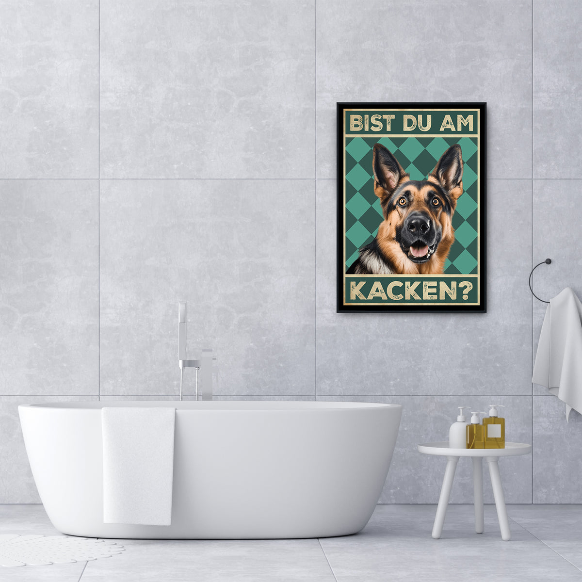 Deutscher Schäferhund - Bist du am Kacken? Hunde Poster Badezimmer Gästebad Wandbild Klo Toilette Dekoration Lustiges Gäste-WC Bild DIN A4