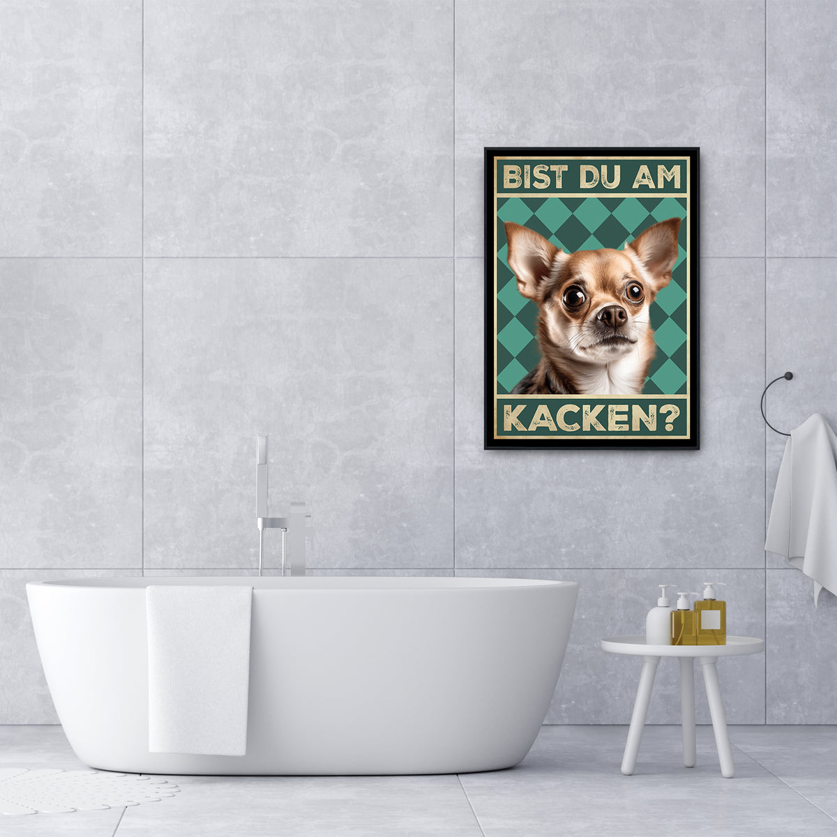 Chihuahua - Bist du am Kacken? Hunde Poster Badezimmer Gästebad Wandbild Klo Toilette Dekoration Lustiges Gäste-WC Bild DIN A4