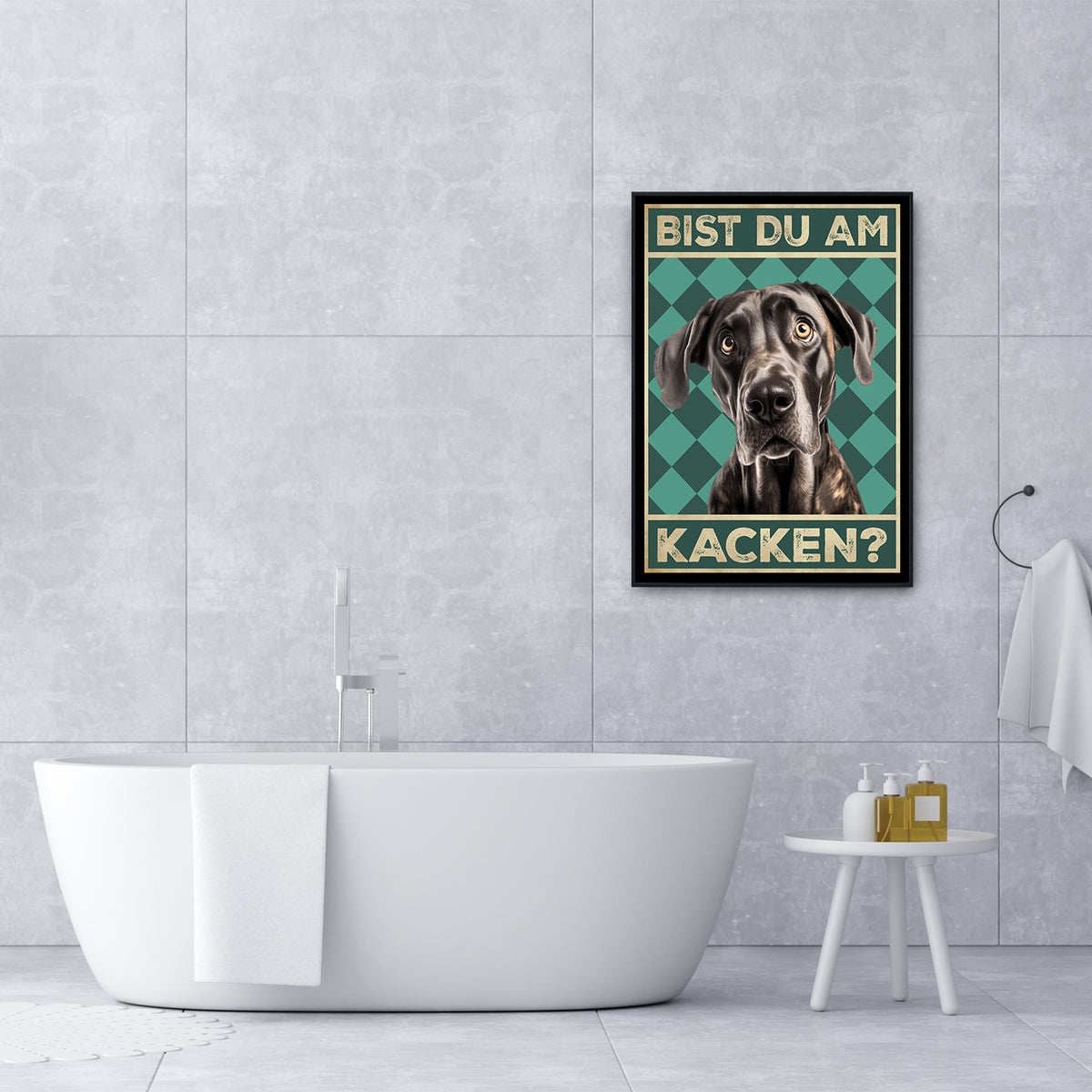 Deutsche Dogge - Bist du am Kacken? Hunde Poster Badezimmer Gästebad Wandbild Klo Toilette Dekoration Lustiges Gäste-WC Bild DIN A4