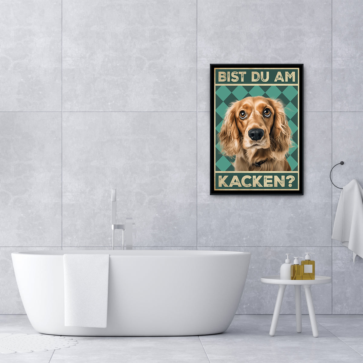 Cocker Spaniel - Bist du am Kacken? Hunde Poster Badezimmer Gästebad Wandbild Klo Toilette Dekoration Lustiges Gäste-WC Bild DIN A4