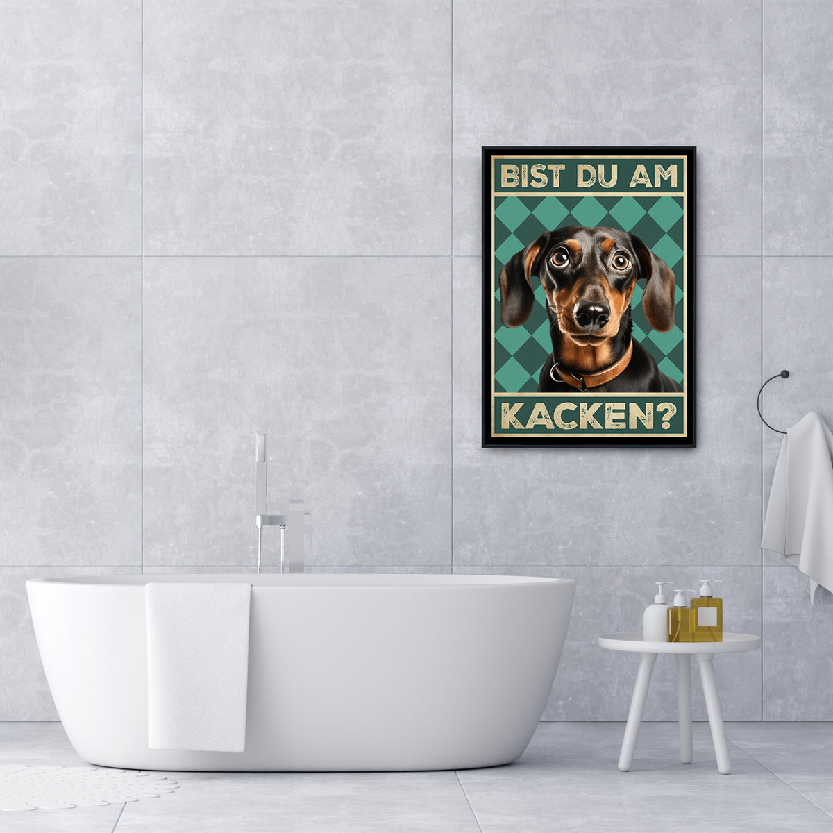 Dackel - Bist du am Kacken? Hunde Poster Badezimmer Gästebad Wandbild Klo Toilette Dekoration Lustiges Gäste-WC Bild DIN A4