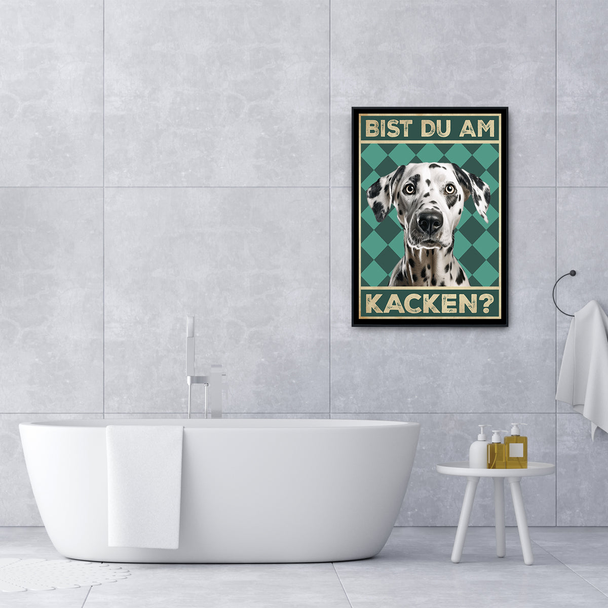 Dalmatiner - Bist du am Kacken? Hunde Poster Badezimmer Gästebad Wandbild Klo Toilette Dekoration Lustiges Gäste-WC Bild DIN A4