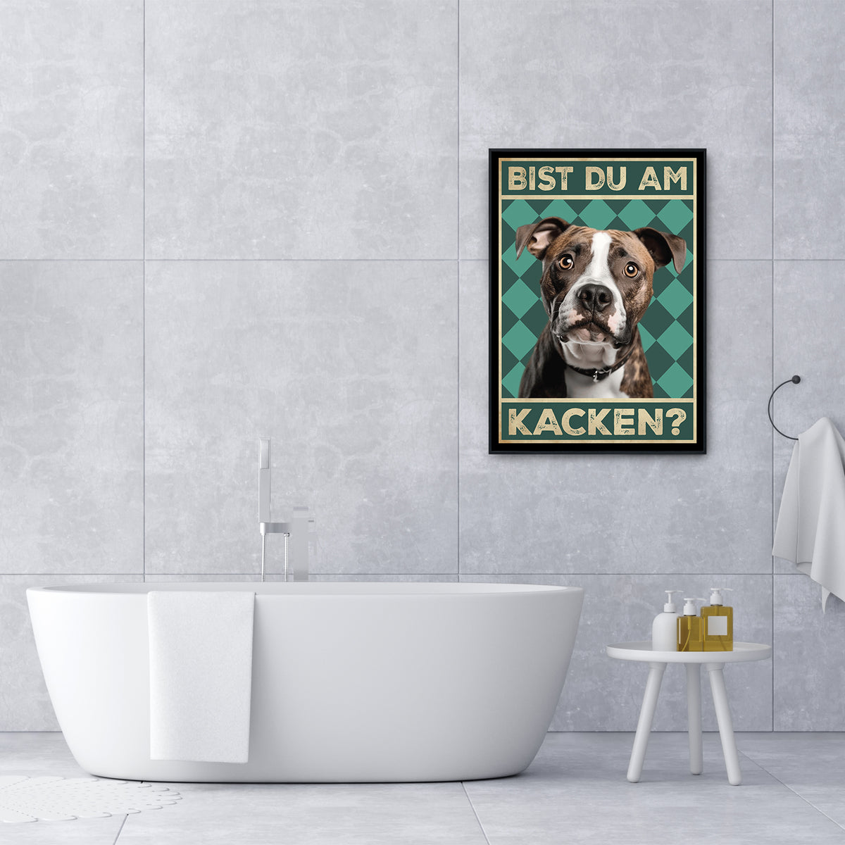 American Staffordshire Terrier - Bist du am Kacken? Hunde Poster Badezimmer Gästebad Wandbild Klo Toilette Dekoration Lustiges Gäste-WC Bild DIN A4