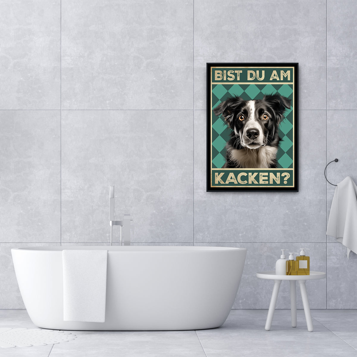 Border Collie - Bist du am Kacken? Hunde Poster Badezimmer Gästebad Wandbild Klo Toilette Dekoration Lustiges Gäste-WC Bild DIN A4