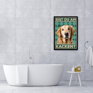 Golden Retriever - Bist du am Kacken? Hunde Poster Badezimmer Gästebad Wandbild Klo Toilette Dekoration Lustiges Gäste-WC Bild DIN A4