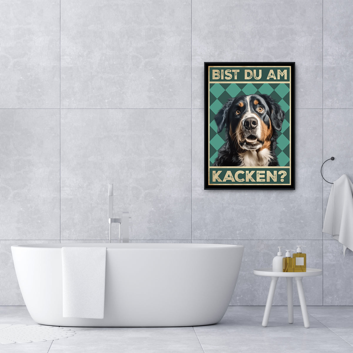 Berner Sennenhund - Bist du am Kacken? Hunde Poster Badezimmer Gästebad Wandbild Klo Toilette Dekoration Lustiges Gäste-WC Bild DIN A4