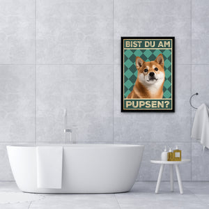 Shiba Inu - Bist du am Pupsen? Hunde Poster Badezimmer Gästebad Wandbild Klo Toilette Dekoration Lustiges Gäste-WC Bild DIN A4