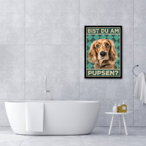 Cocker Spaniel - Bist du am Pupsen? Hunde Poster Badezimmer Gästebad Wandbild Klo Toilette Dekoration Lustiges Gäste-WC Bild DIN A4