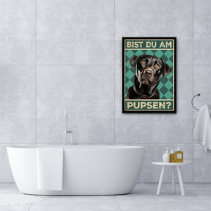 Labrador - Bist du am Pupsen? Hunde Poster Badezimmer Gästebad Wandbild Klo Toilette Dekoration Lustiges Gäste-WC Bild DIN A4