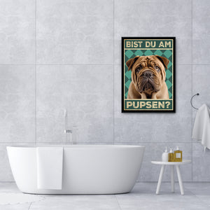 Shar Pei - Bist du am Pupsen? Hunde Poster Badezimmer Gästebad Wandbild Klo Toilette Dekoration Lustiges Gäste-WC Bild DIN A4