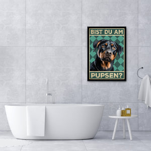 Rottweiler - Bist du am Pupsen? Hunde Poster Badezimmer Gästebad Wandbild Klo Toilette Dekoration Lustiges Gäste-WC Bild DIN A4