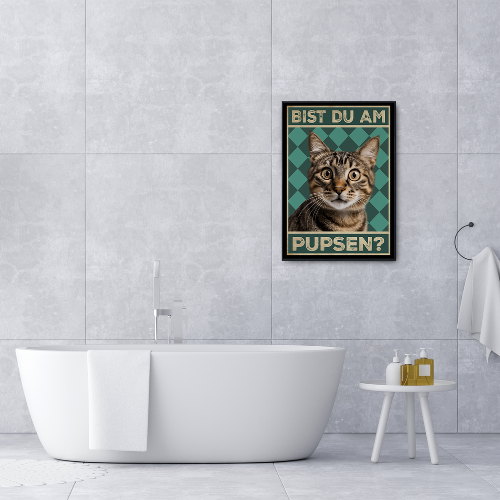 Bist du am Pupsen? Katzen Poster Badezimmer Gästebad Wandbild Klo Toilette Dekoration Lustiges Gäste-WC Bild DIN A4 - Katze 01