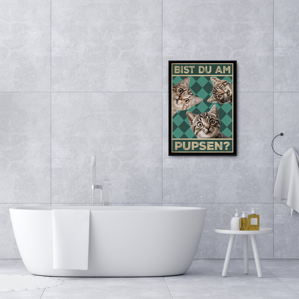 Bist du am Pupsen? Katzen Poster Badezimmer Gästebad Wandbild Klo Toilette Dekoration Lustiges Gäste-WC Bild DIN A4 - Katzen 02