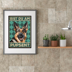 Deutscher Schäferhund - Bist du am Pupsen? Hunde Poster Badezimmer Gästebad Wandbild Klo Toilette Dekoration Lustiges Gäste-WC Bild DIN A4