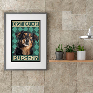 Hovawart - Bist du am Pupsen? Hunde Poster Badezimmer Gästebad Wandbild Klo Toilette Dekoration Lustiges Gäste-WC Bild DIN A4