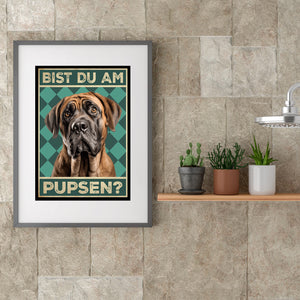 Mastiff - Bist du am Pupsen? Hunde Poster Badezimmer Gästebad Wandbild Klo Toilette Dekoration Lustiges Gäste-WC Bild DIN A4
