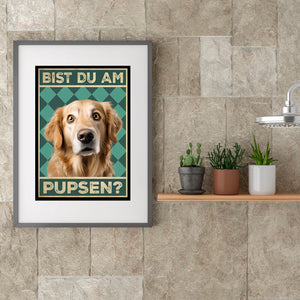 Golden Retriever - Bist du am Pupsen? Hunde Poster Badezimmer Gästebad Wandbild Klo Toilette Dekoration Lustiges Gäste-WC Bild DIN A4