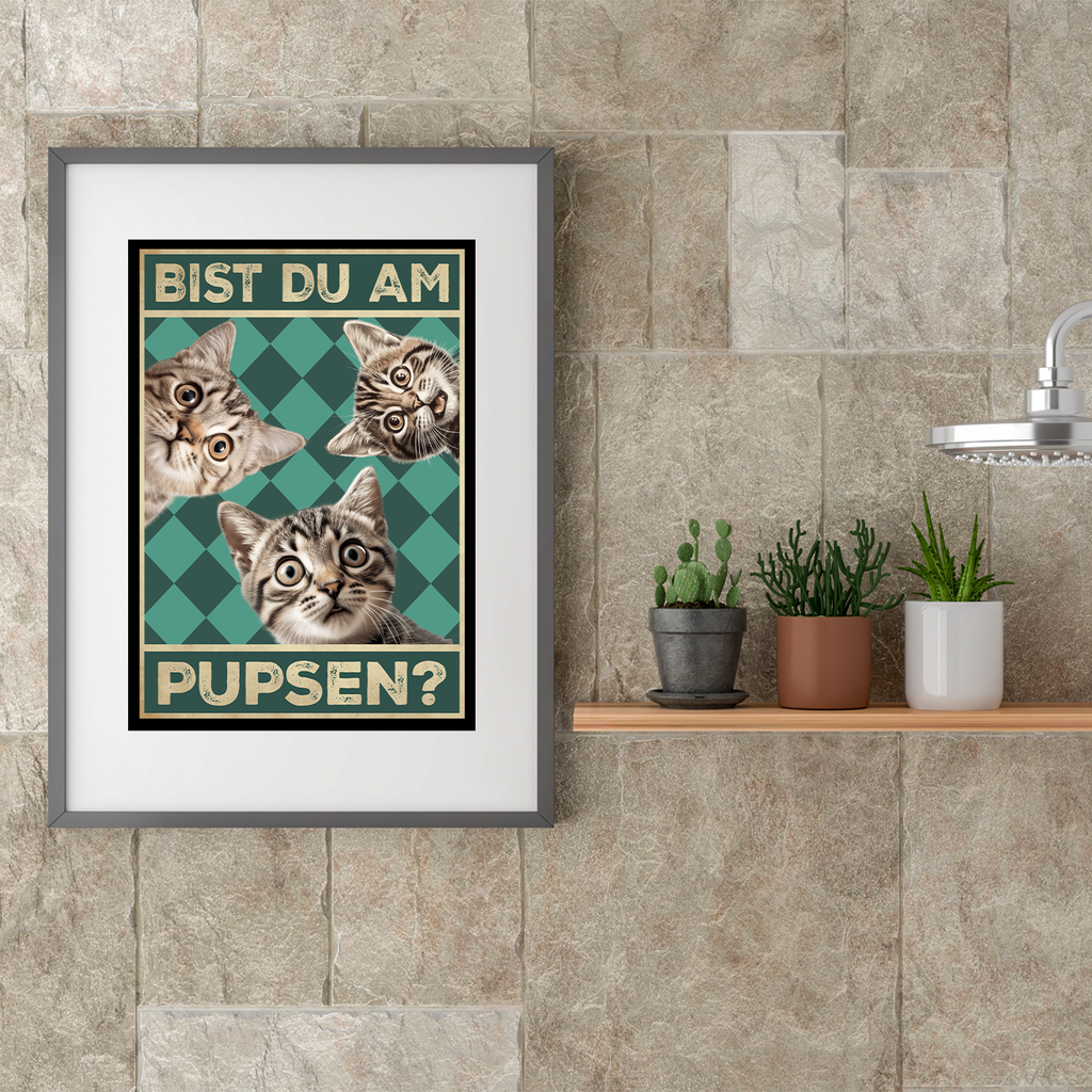 Bist du am Pupsen? Katzen Poster Badezimmer Gästebad Wandbild Klo Toilette Dekoration Lustiges Gäste-WC Bild DIN A4 - Katzen 02